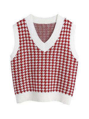 Houndstooth knit V-neck tank top in Deep Red and White with white trim.