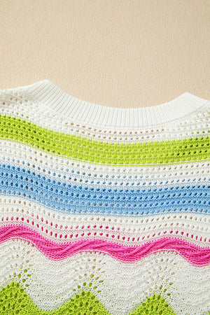 Scalloped crochet tee with stripe pattern in white, lime green, blue, and pink.