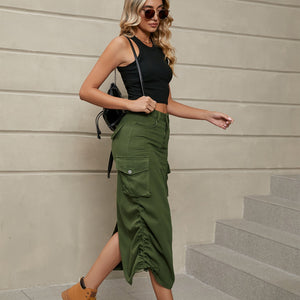 Army green cargo denim midi skirt with adjustable ruching and side slit