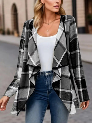 Asymmetric plaid drape front jacket in black and white, open front, waterfall lapel.