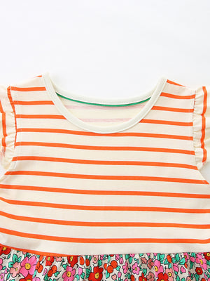 Baby dress with orange stripes and floral skirt, ruffle sleeves