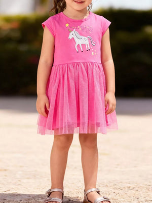 Pink unicorn tulle dress with cap sleeves and a cotton bodice for baby girls.