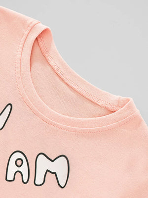 Pink cotton baby t-shirt with crew neck and graphic text detail
