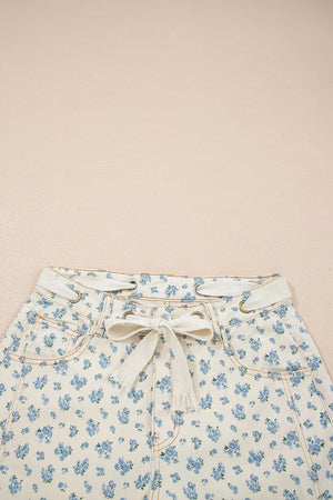 Grommet Knot Waist Floral Barrel Leg Jeans, fabric detail