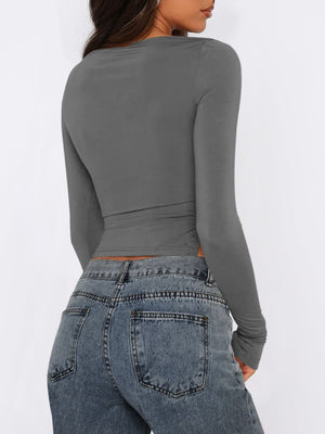 Dark Gray long sleeve ruched top with adjustable side tie detail