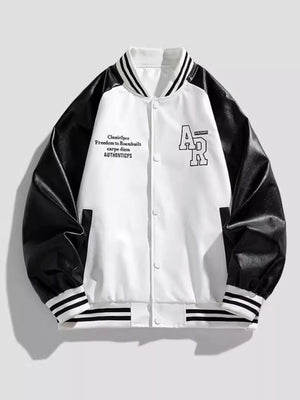 Men's black and white varsity jacket with snap front, striped cuffs and hem, and embroidered details.