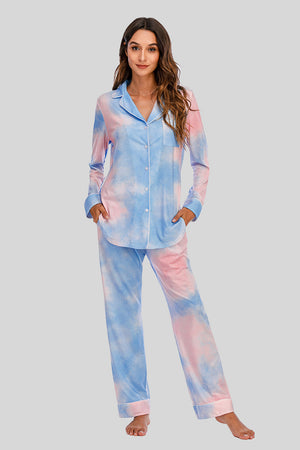 Pajama set with tie-dye print, piped trim, button-up shirt, and pockets.