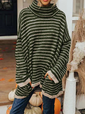 Dark green striped oversized turtleneck sweater with slouch pockets