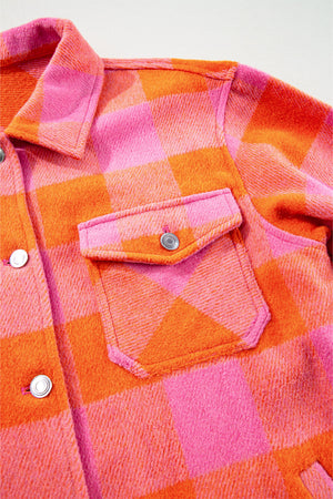 Overshirt with patch pockets in orange and pink buffalo check pattern.