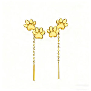Gold paw print drop earrings with chain and bar detail