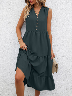 Dark green sleeveless midi dress with V-neck, button front, smocked waist, and tiered skirt.