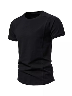 Black cotton tactical t-shirt with round neck and seam details