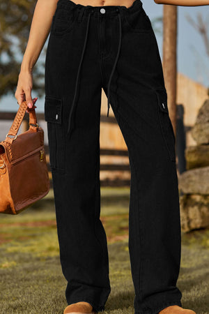 Black denim cargo pants with drawstring waist and utility pockets.