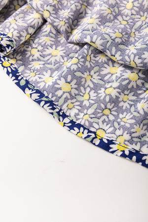 Daisy print smocked peplum blouse in dusty blue 100% viscose with contrast trim