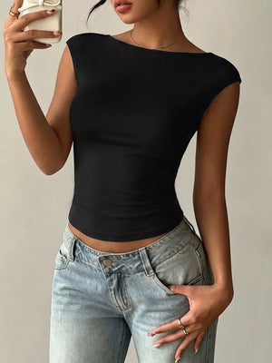 Black cap-sleeve t-shirt with wide neckline and lace trim detail