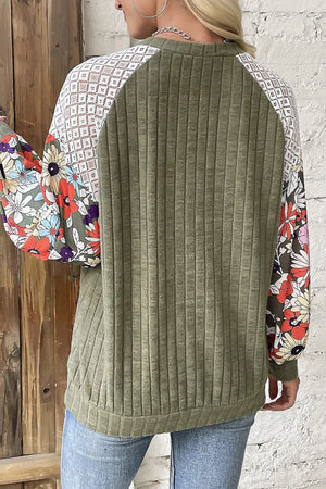 Moss green ribbed top with floral print and lace raglan sleeves