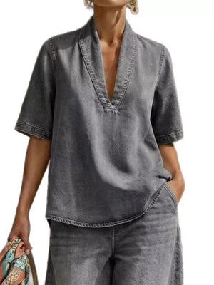 Gray cotton V-neck top with short sleeves and wide-leg pants set.