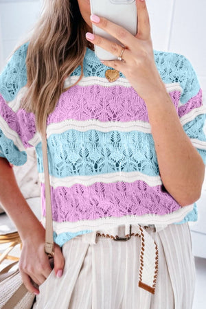 Striped openwork knit top in lavender and blue with white accents, short sleeves.