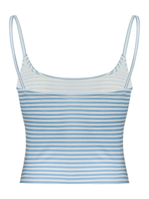 Light blue and white striped ribbed scoop tank top with thin straps.