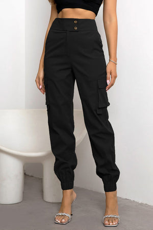 Black cargo jogger trousers with button detail and elasticated cuffs.