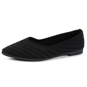 Black knitted pointed-toe ballet flats with a chevron pattern.