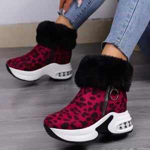 Plush leopard print ankle boots with side zipper and air cushion sole