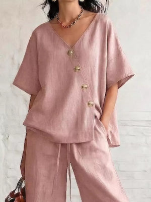 Full Size Surplice Half Sleeve Top And Wide-leg Pants Set, fit detail
