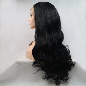 Black lace front wig with long, wavy hair styled on a mannequin head.