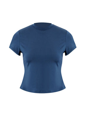 Blue crew neck cropped t-shirt with short sleeves.