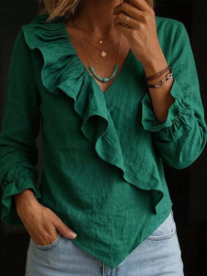 Full Size Ruffled Long Sleeve Blouse, alternate angle