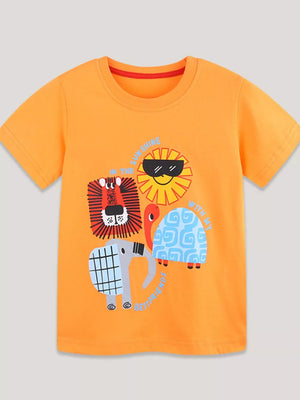Orange cotton t-shirt with safari animal graphics and sunshine text for kids.