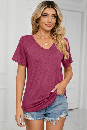 Heathered v-neck t-shirt in a deep pink, short sleeves, casual everyday top.