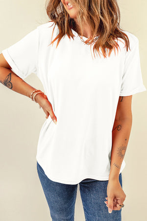 White rolled sleeve raglan tee with casual crew neck and relaxed fit.