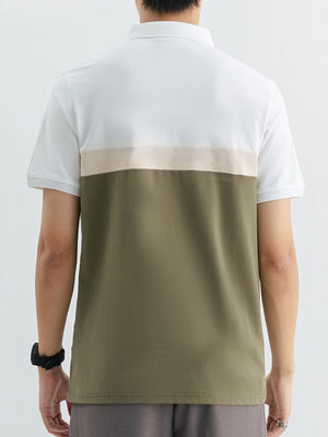 Men's color block polo shirt with white, beige, and olive green panels.