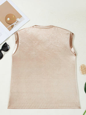 Sleeveless champagne metallic tank top with satin trim.