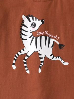 Brown cotton tee with playful zebra graphic and Stay Original text.