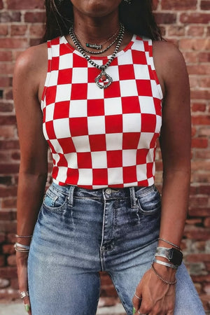 Red and white checkered fitted tank top with a round neckline.