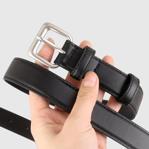 Black cowhide leather belt with silver buckle and stitched detail