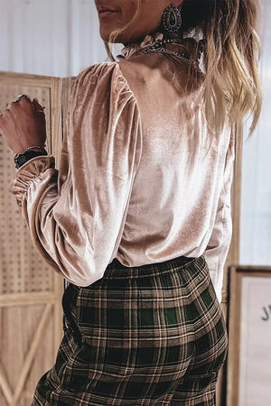 Western Style Long Sleeve Stand Neck Velvet Top, model styling view