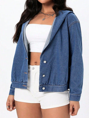 Medium wash denim hooded bomber jacket with button front and elastic cuffs.