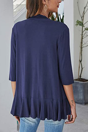 Dark Blue cardigan with 3/4 sleeves and a ruffled asymmetric hemline.