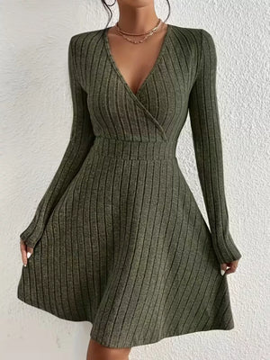 Army green ribbed wrap mini dress with long sleeves and A-line skirt.