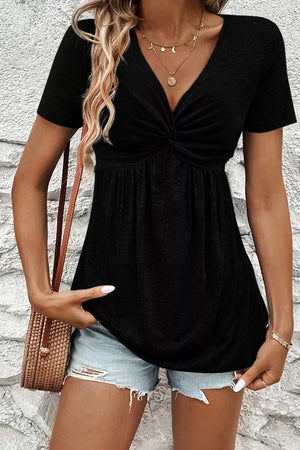 Black polyester t-shirt with twisted V-neck and short sleeves
