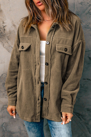 Fleece shirt jacket in Chestnut with patch pockets and button front.