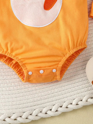 Children's Carrot Embroidered Round Neck One-piece & Hat Set in Orange, back view