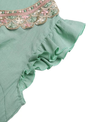 Mint green maternity maxi dress with embroidered lace neckline and ruffled sleeves.
