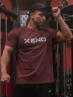 Burgundy athletic fit t-shirt with white XENO logo