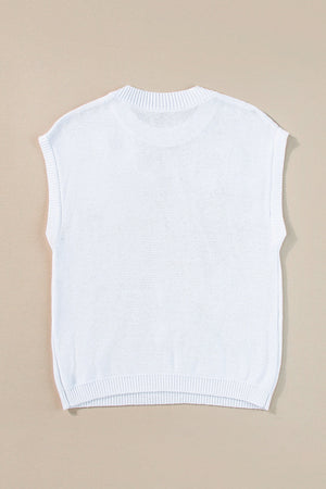 White knit sleeveless top with ribbed neckline and hem