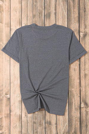 Dark gray cotton t-shirt with rolled sleeves and a twisted hem detail.