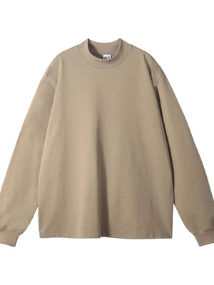 Oversized khaki crewneck long sleeve t-shirt with mock neck detail